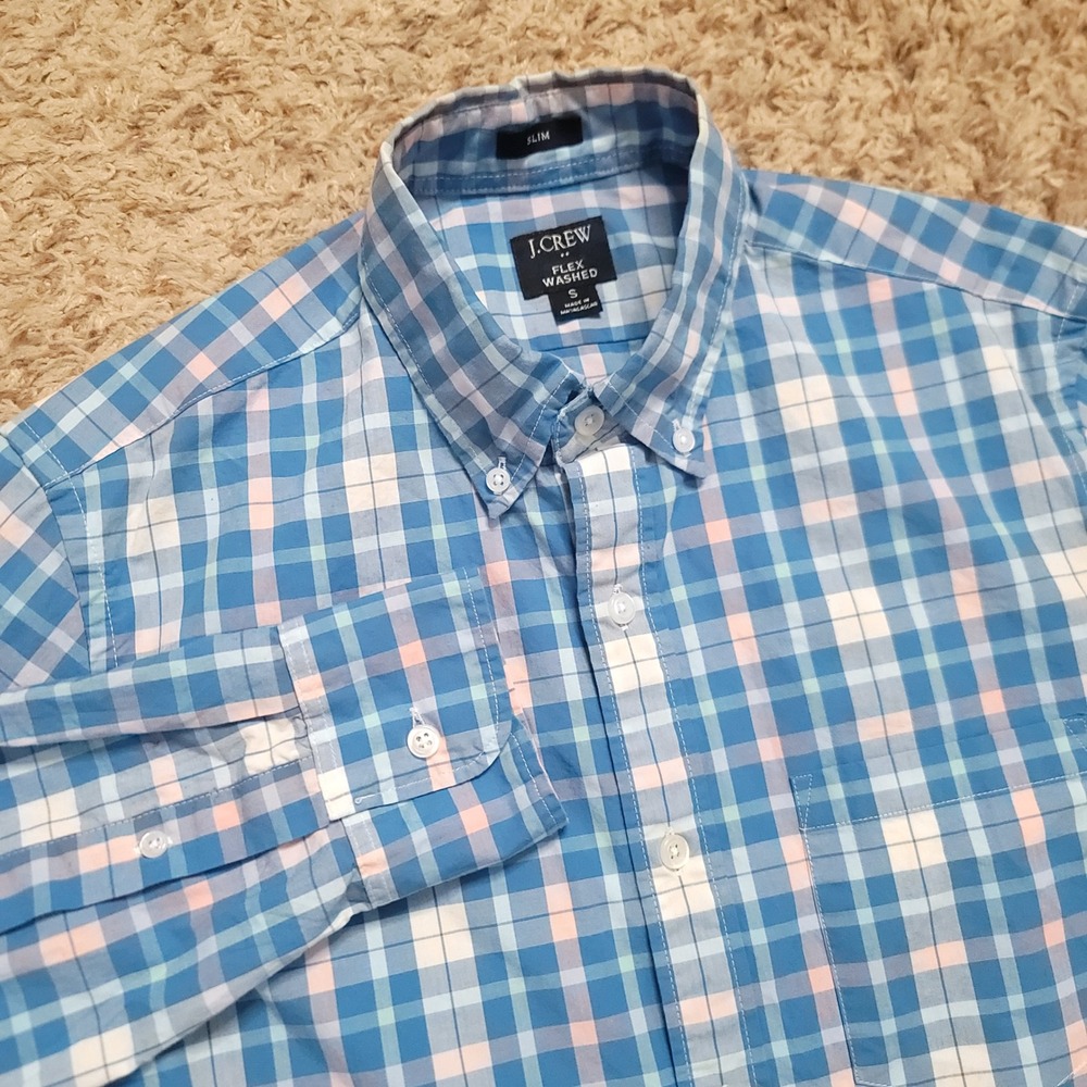 J.Crew Flex Washed Shirt Mens Small Blue Pink Plaid Slim Fit BI050 Long Sleeve